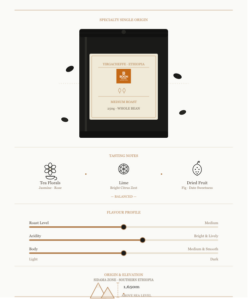 Yirgacheffe 250gm medium roast for espresso - Ethiopian speciality coffee